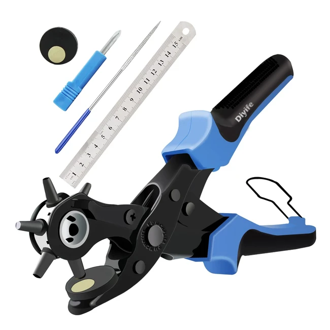 Alicate Sacabocados DIYIFE para Cinturones y Cuero - Juego Completo - Herramienta de Alicate para Trabajo Pesado - Tamaños Múltiples - Goma Azul