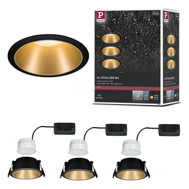 Lampada LED Cole Rotonda Paulmann 93404 - Incl. 3 Faretti da Incasso - Dimmerabile - Nero/Oro Opaco - Spot da Soffitto
