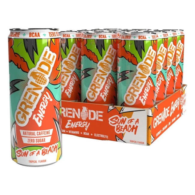 Grenade Sugar Free Energy Drink - Sun of a Beach, 330ml (Pack of 12) - Natural Caffeine, BCAAs, Electrolytes