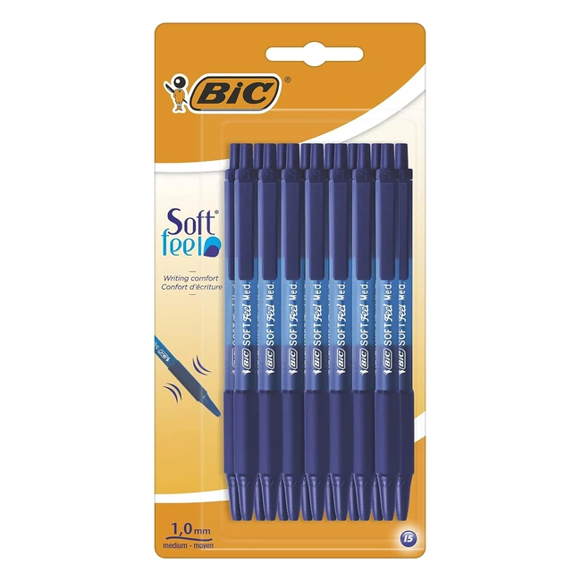 BIC Soft Feel Click Grip Ballpoint Pens - Retractable, Softtouch Rubber Grip - Blue - Pack of 15
