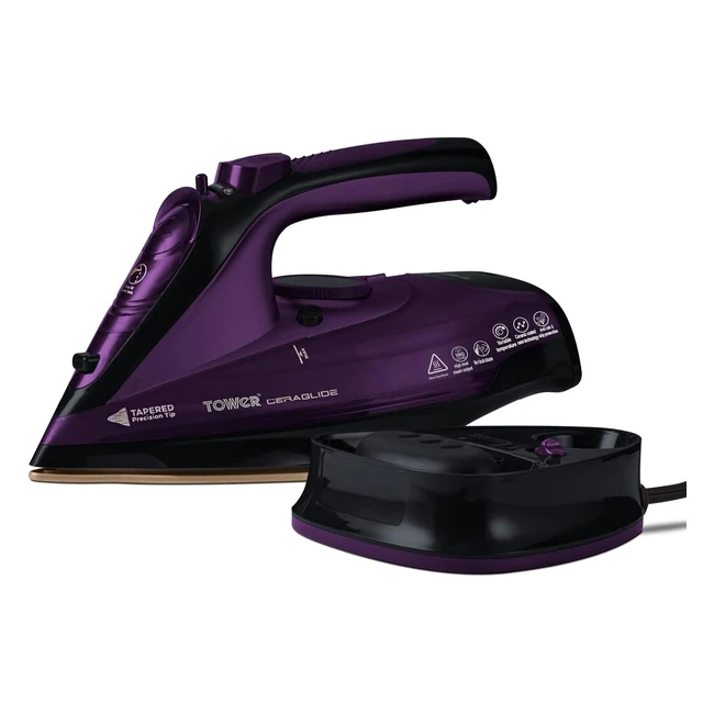 Tower T22008 Ceraglide Cordless Steam Iron - Powerful 2400W, Ceramic Soleplate, Variable Steam - Purple