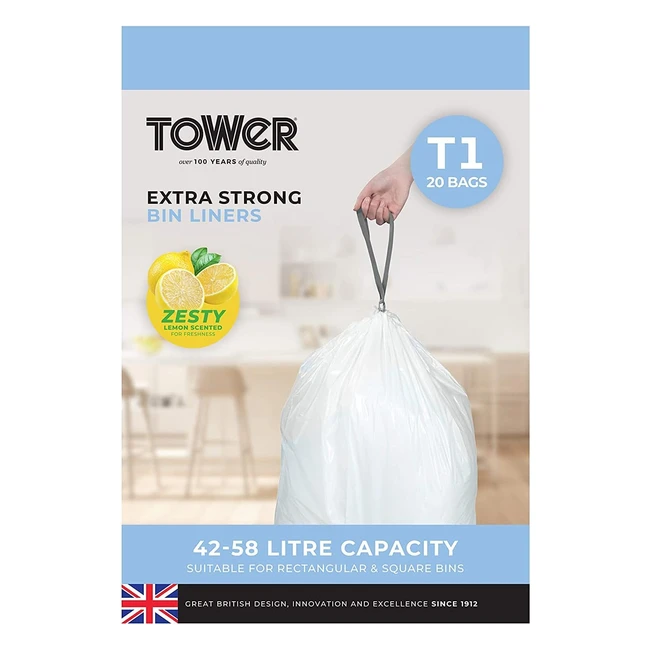 Tower T878000 4258L Lemon Scented Drawstring Bin Liners - Pack of 60