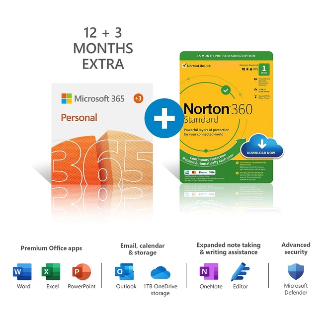 Microsoft 365 Personal - 15 Months Subscription - Office Apps - 1 User - PC/Mac/Tablet/Phone - Norton 360 Standard - #1 User - #1Devices - Multilingual - Download