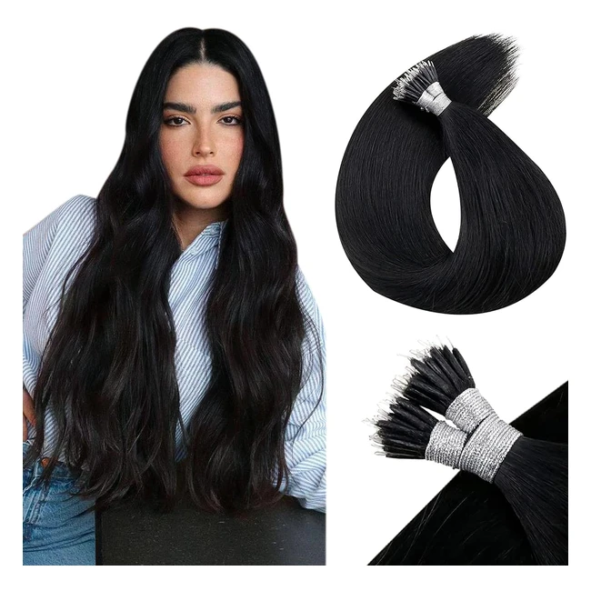 Laavoo Nano Beads Hair Extensions - Black Human Hair - 16inch - Silky Straight - 50g