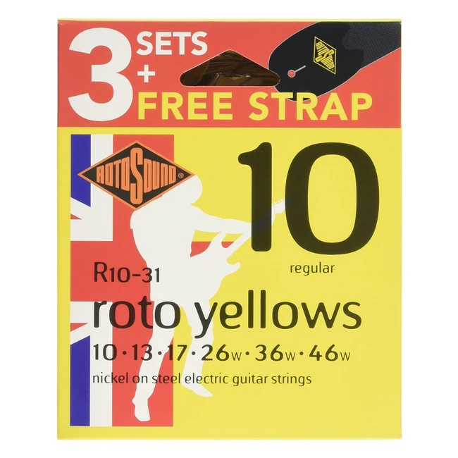 Cuerdas para Guitarra Eléctrica Rotosound Roto Niqueladas 3 Set + Correa Amarillas R1031F Regular 1046