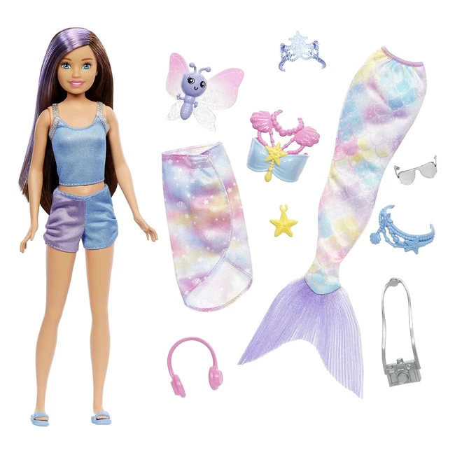 Barbie Mermaid Power Skipper - Muñeca Rubia con Disfraz de Sirena - Accesorios de Moda y Mascota Tortuga Marina - Juguete de Regalo 3 Años - Mattel HHG55