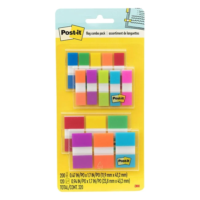 Post-it Flags Combo Pack - 120 94 in Wide and 200 47 in Wide Flags - Assorted Colors