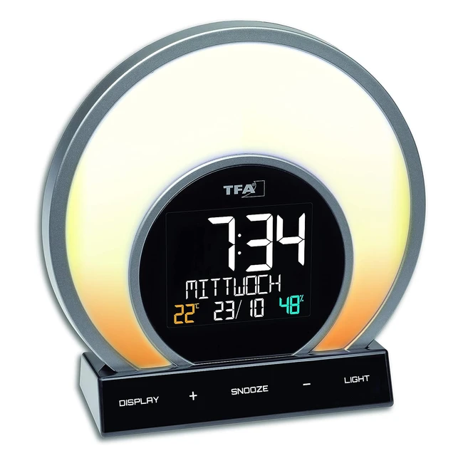 Réveil lumineux TFA Dostmann Soluna 60202601 - Coucher de soleil, 5 modes d'éclairage, contrôle du climat ambiant