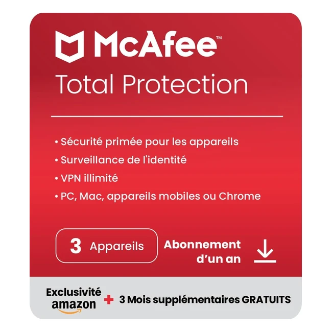 McAfee Total Protection 2023 - Exclusivité Amazon - 3 Appareils - Antivirus et Sécurité Internet - VPN Illimité - 12 Mois - Téléchargement