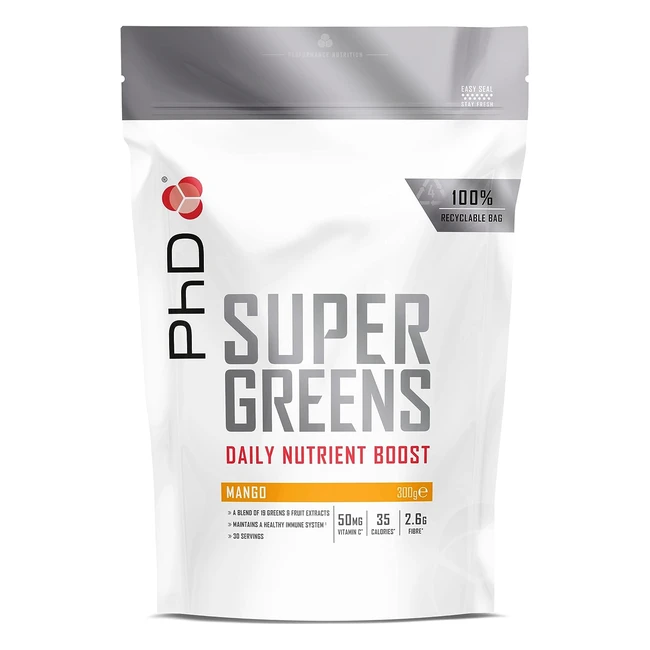 PHD Nutrition Super Greens Powder - Mango Flavour - High Fiber - Low Sugar - 18 
