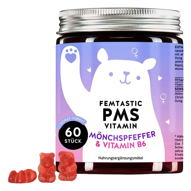 PMS Gummies - Monchspfeffer Vitamin B6 - Dong Quai Extrakt - Reguliert Hormonhaushalt - Vegan - Monatliche Versorgung