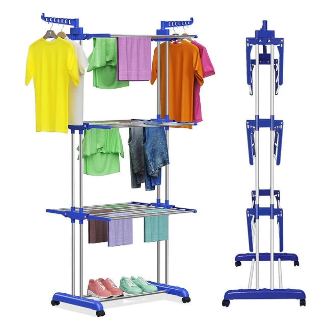 Etendoir à linge pliable 4 niveaux - Grande capacité - 172cm - Bleu/Gris