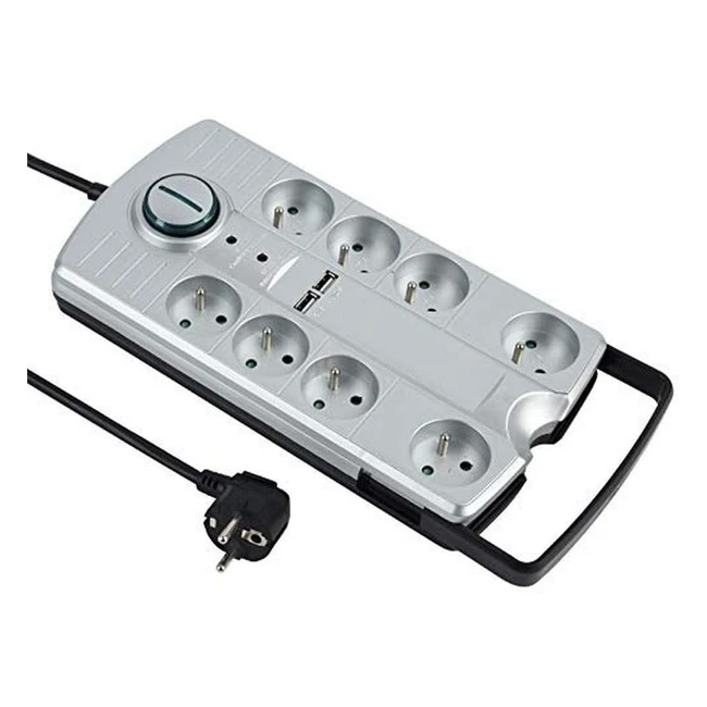 Bloc multiprise Electraline 35456 avec 8 prises et 2 ports USB 2.1A - Interrupteur - Pied portable - Poignée extensible - Rallonge 15m