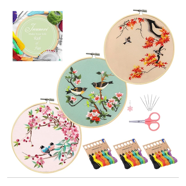 Embroidery Starter Kit Jecanori 3 Pack | Floral & Plant Patterns | Full Range of Kits & Tools