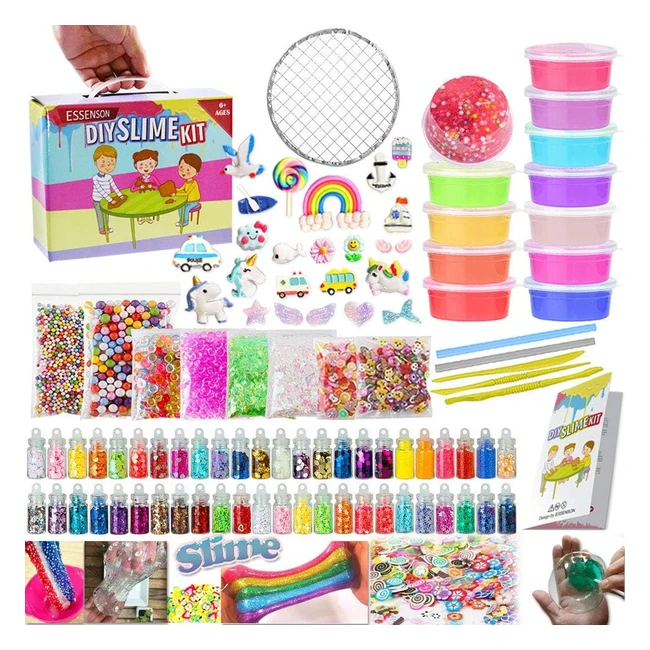 Essenson Kinder DIY Schleim Set mit 12 Farben Kristall Ton Schleim 48 Glitzerpul