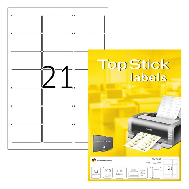 Topstick 8699 Address Mailing Labels - 21 Labels per A4 Sheet - 635 x 381 mm - 2100 Labels - Self Adhesive Stickers