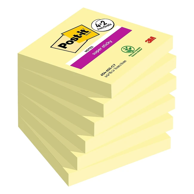 Notes Post-it Super Sticky Jaune Canari 76mm x 76mm - 90 Feuilles/bloc (4 blocs + 2 gratuits)