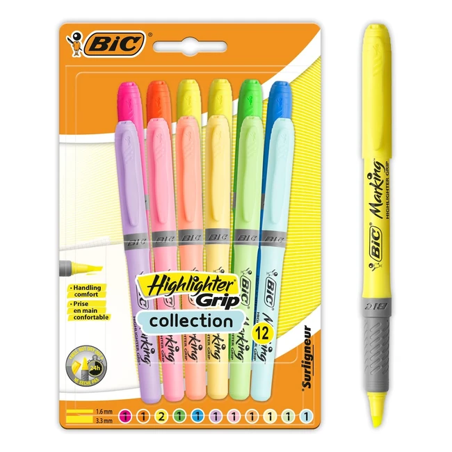BIC Highlighter Grip - Ribbed Rubber Grip - Waterbased Ink - Assorted Intense & Pastel Colors - Pack of 12