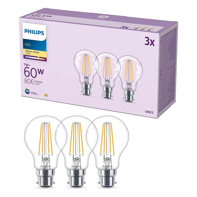 Philips LED A60 Light Bulb 3 Pack Warm White 2700K B22 Bayonet Cap 60W Non Dimmable