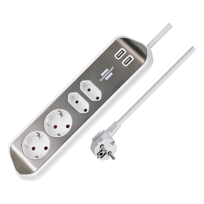 Regleta de enchufes Brennenstuhl estilo en forma de esquina con 4 tomas de corriente y carga USB - Plata/Blanco