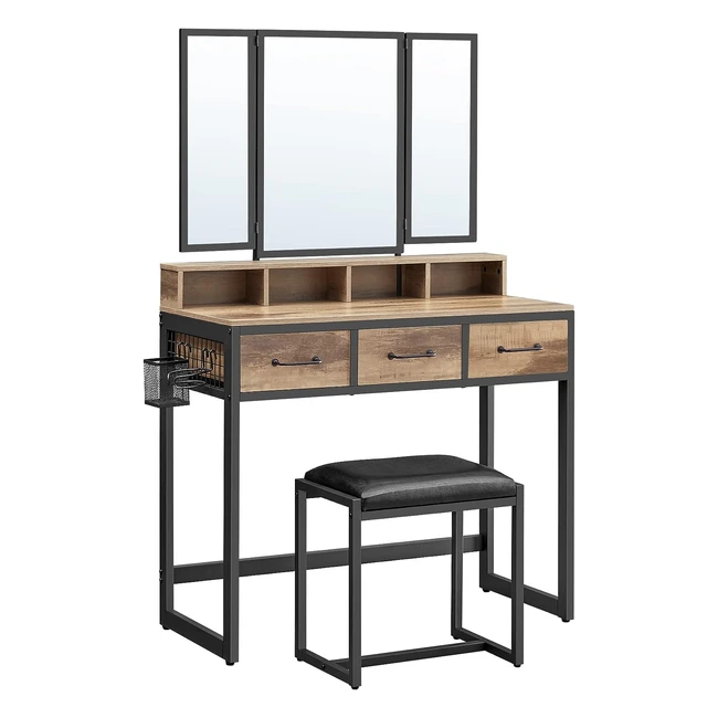 Vasagle Tavolo da Trucco con Sgabello Imbottito Specchio Tripieghevole 3 Casse
