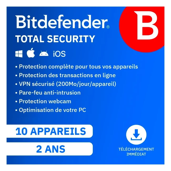Bitdefender Total Security 2023 - 10 appareils - 2 ans - Protection complète contre les menaces
