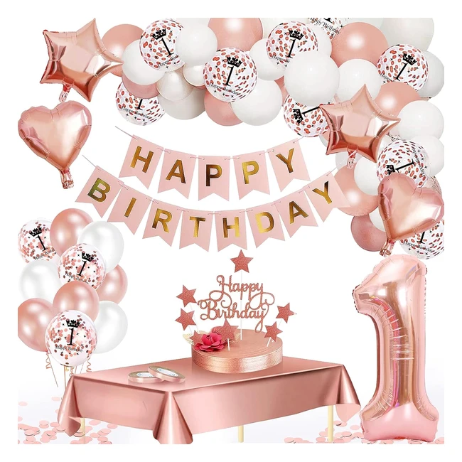 Dco Anniversaire Fille 1 An - Or Rose - Happy Birthday - Ballons Confettis - D