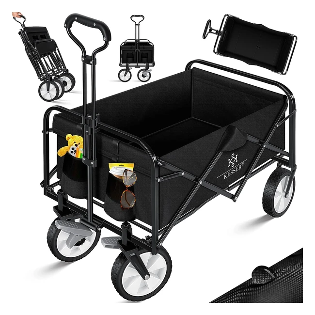 Kesser Handwagen faltbarer Handwagen Transportwagen Werkzeugwagen inklusive 2 Netzbeutel faltbare PVC-Reifen bis zu 80 kg Tragkraft Transportwagen Gartenanhänger ohne Dach Schwarz