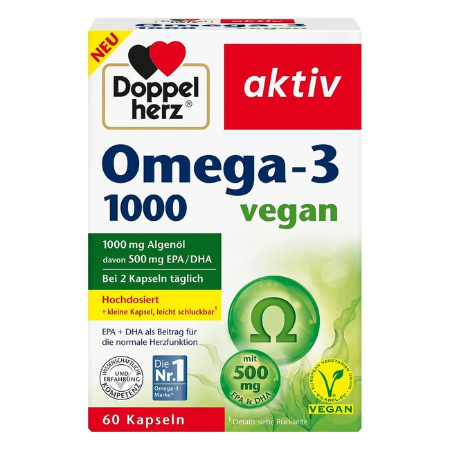 Doppelherz Omega3 1000 Vegan - Hochdosierte Omega3-Fettsäuren EPA & DHA aus pflanzlichem Algenöl - 60 kleine vegane Kapseln