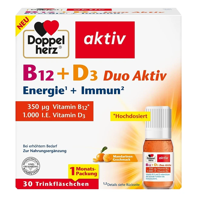 Doppelherz B12 D3 Duo Aktiv - Hochdosiertes Vitamin B12 & D3 für Immunsystem - 30 Trinkfläschchen