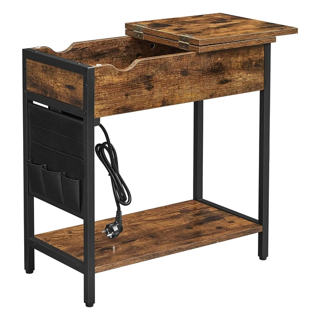 Table d'appoint VASAGLE avec multiprise étroite et ports USB - Rangement pour salon et chambre - Marron rustique et noir LET311B01