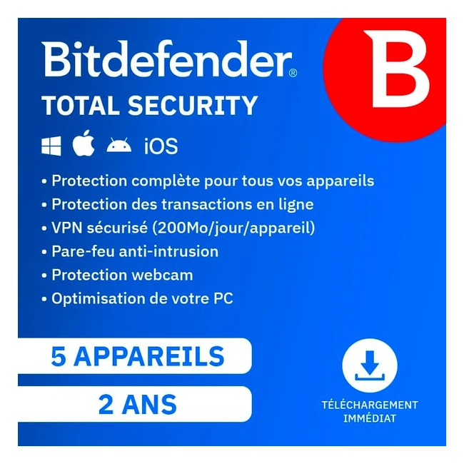 Bitdefender Total Security 2023 - 5 appareils - 2 ans - Protection complète contre les menaces - Code d'activation par email