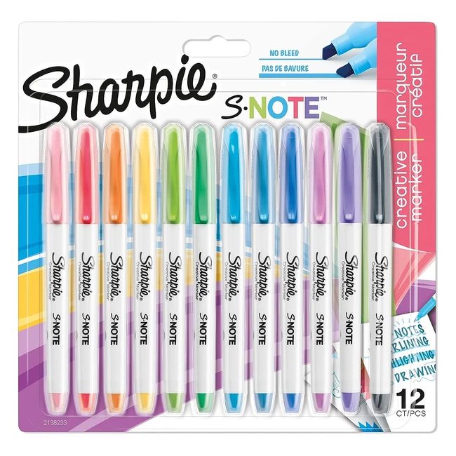 Sharpie Snote Highlighter Pens - 2-in-1 Art Marker and Highlighter - Assorted Pastel Colors - Chisel Tip - 12 Count