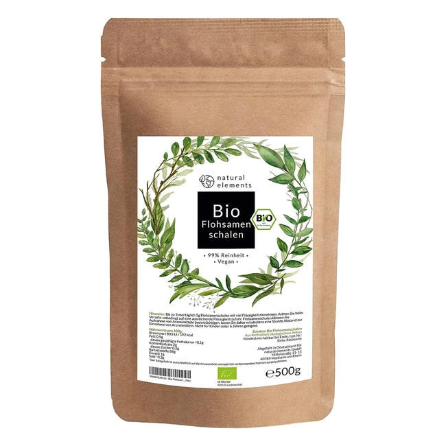 Bio-Flohsamenschalen Premium-Qualität, laborgeprüft, 99% Reinheit, zertifiziert biologisch, vegan, kohlenhydratarm, ballaststoffreich, glutenfrei, nachhaltig angebaut, 500 g Beutel