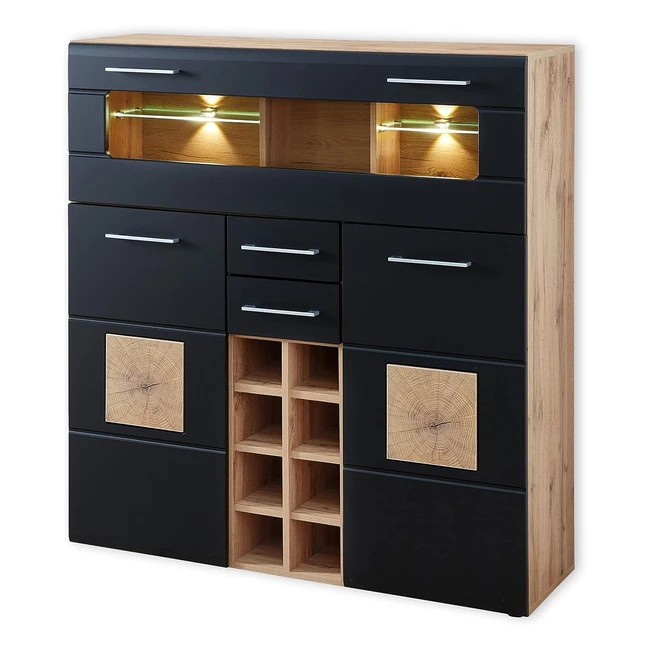 Stella Trading Sonate Barschrank Eiche Altholz Optik Schwarz - Modernes Highboard mit Flaschenregal und LED-Beleuchtung