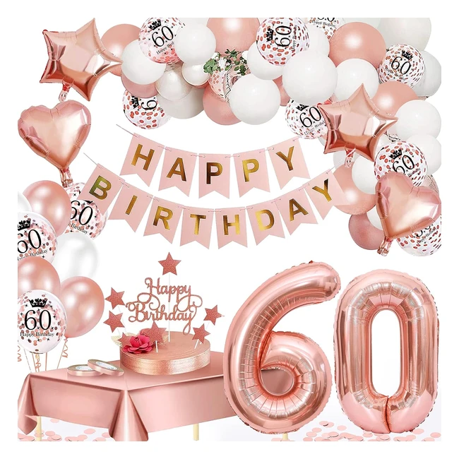 Decoración cumpleaños oro rosa 60 años - Globos, confeti, mantel y más