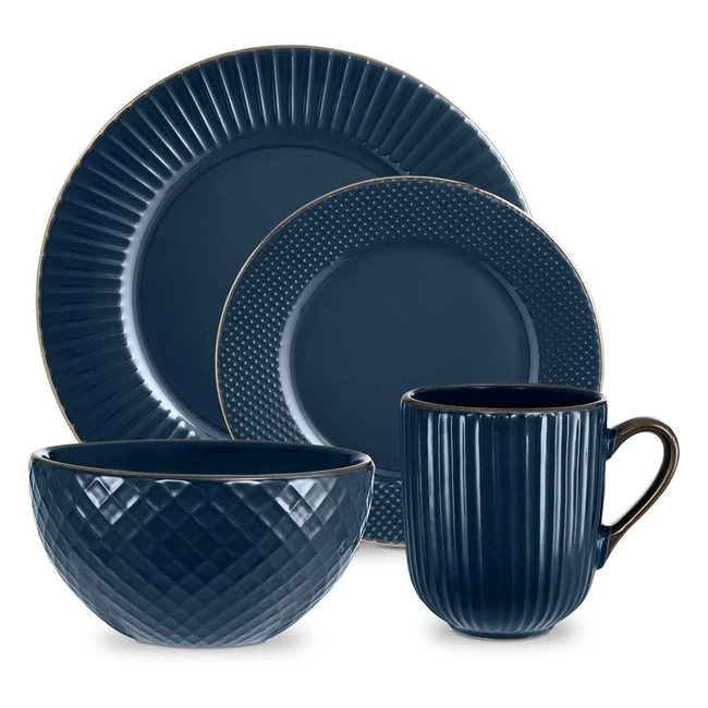 Tower T867002MNB Empire 16 Piece Dinnerware Set - Midnight Blue and Brass - Art Deco Design