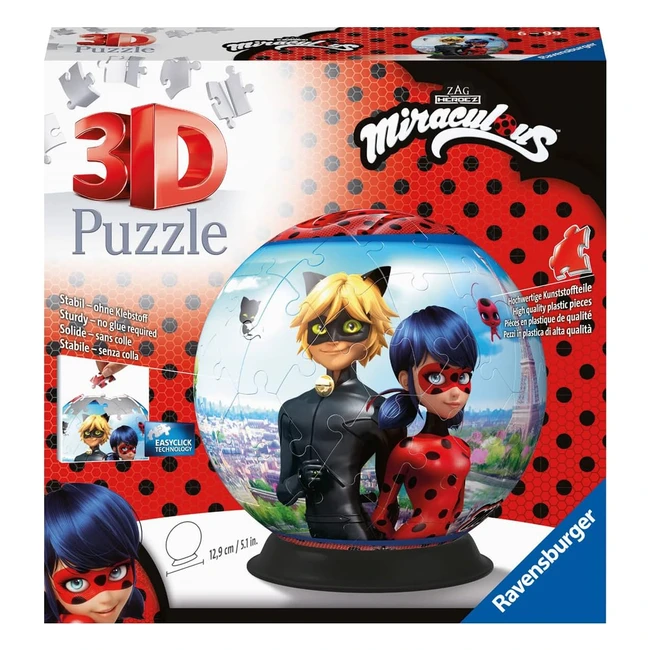 Puzzle 3D Ball Miraculous - 72 pièces numérotées - Assemblage facile - Diamètre 13 cm