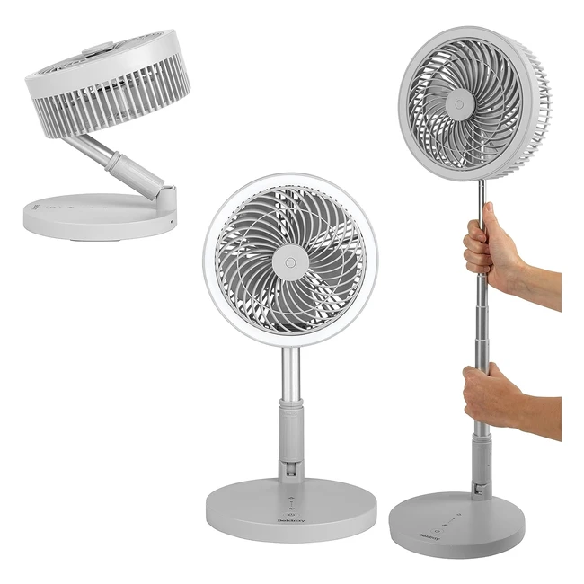 Beldray EH3413GR Foldaway Stand Fan - USB Rechargeable - 97cm Adjustable Height - 3 Speed Modes - Lightweight - Cordless - Portable - LED Ring Light