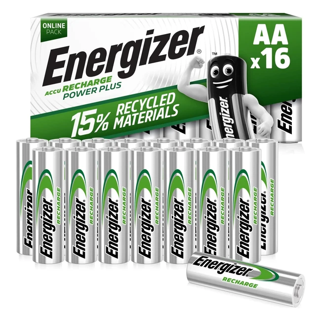 Energizer Recharge Power Plus AA Battery Pack - 16 Pack | Recycled Materials | Long-lasting Power