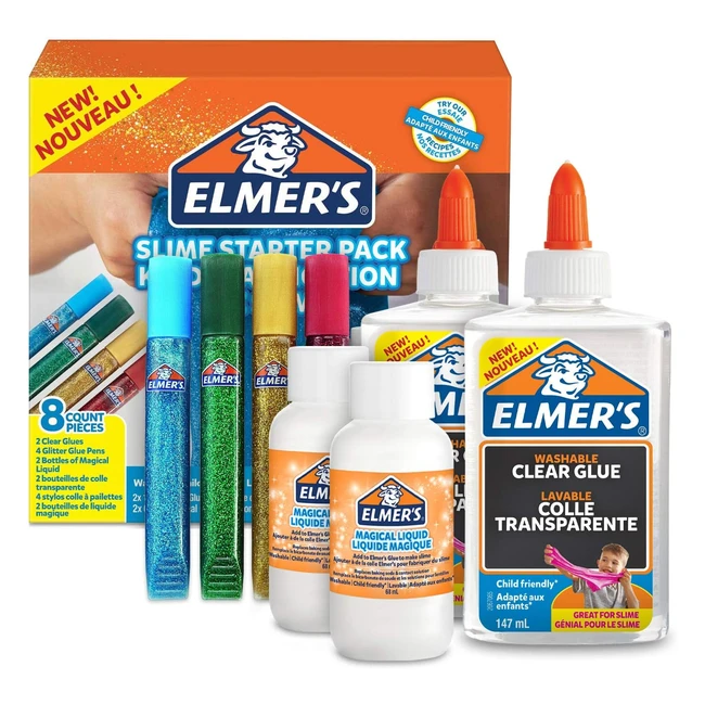 Elmers Glue Slime Starter Kit - Clear PVA Glue, Glitter Glue Pens, Magical Liquid Slime Activator - 8 Count