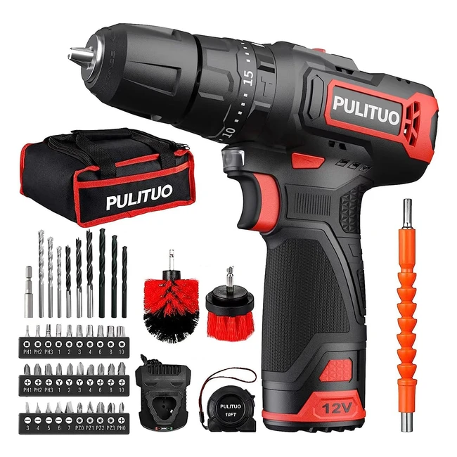 Visseuse devisseuse sans fil Pulituo 12V - Perceuse visseuse sans fil 35Nm - Embrayage 21+1 - Mandrin en métal 3/8 - 1 batterie + 1 chargeur + sac - Outils 46 pièces accessoires