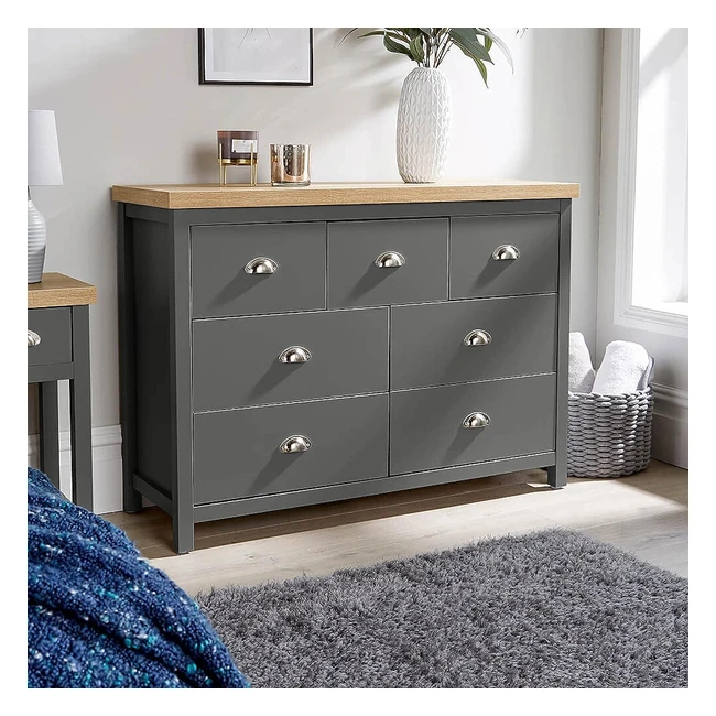 Wide 7 Chest of Drawers - Dark Grey Oak - Storage - Metal Cup Handles - Two Tone - Graphite - Large