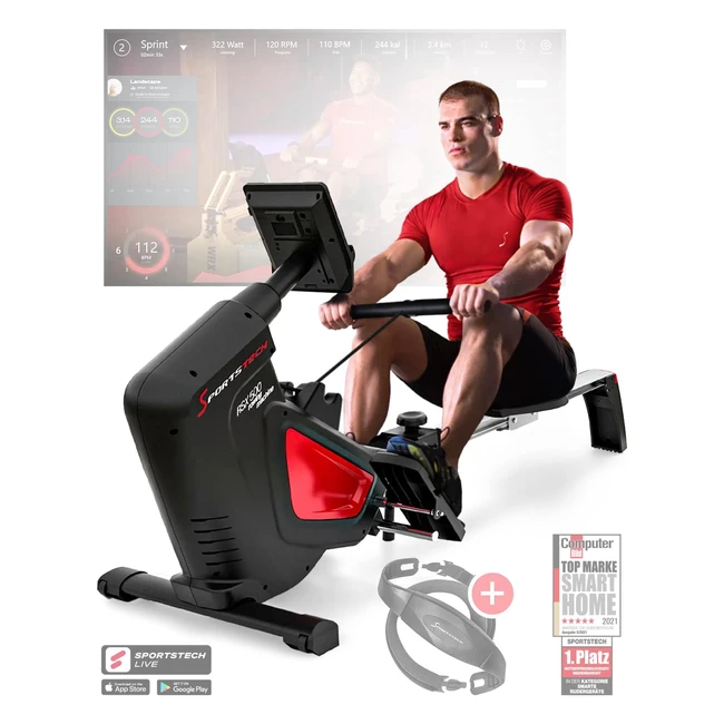 Sportstech RSX500 Rudergerät, Smartphone-steuerbar, inkl. Herzfrequenzgurt, Fitness-App, 16 Programme, Magnetwiderstand, Wettbewerbsmodus, klappbar