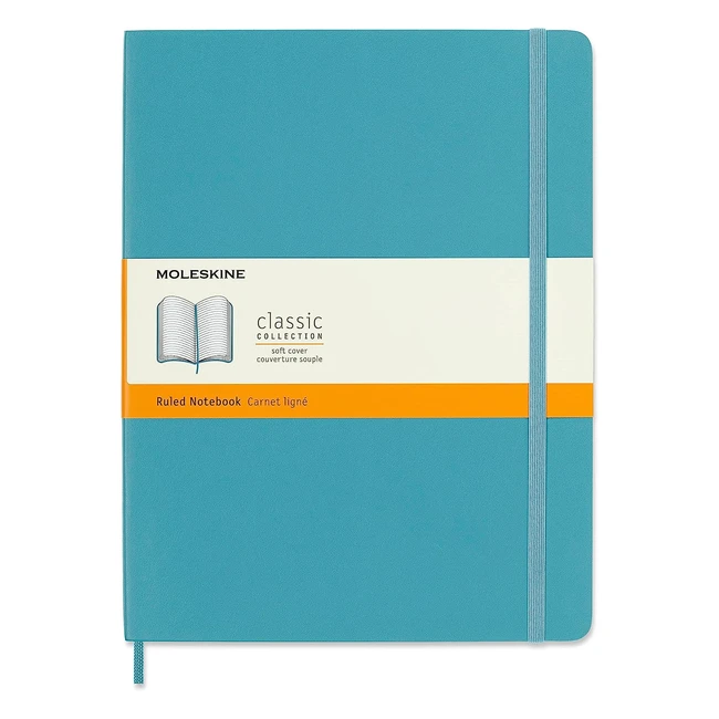 Moleskine Classic Ruled Paper Notebook - Soft Cover, Elastic Closure, Reef Blue, X-Large