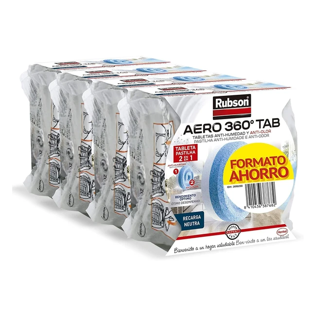 Tabletas de recambio Rubson Aero 360, neutralizan olores, absorben humedad, 4x450g