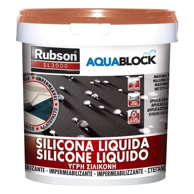 Rubson Aquablock SL3000 - Silicona líquida impermeabilizante - Previene y repara goteras y humedades - Tecnología Silicotec - 1x5kg
