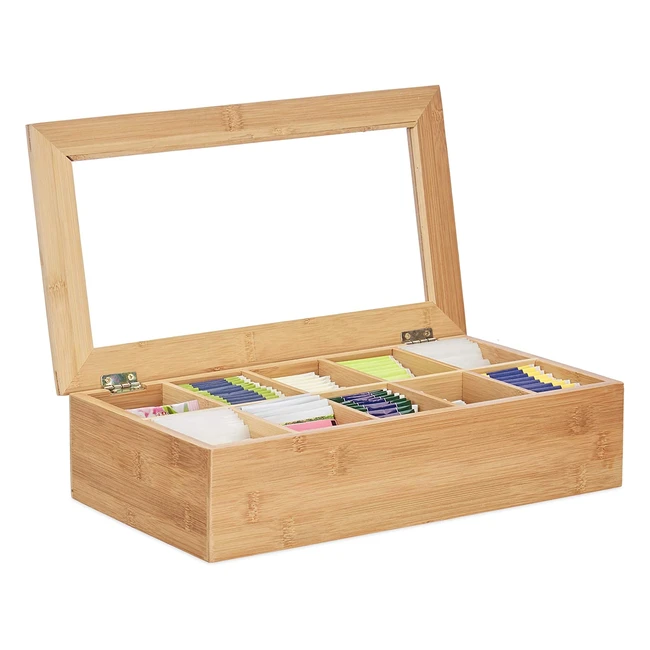 Caja de té y infusiones Relaxdays - 10 compartimentos - Multiusos - Transparente - Bambú marrón