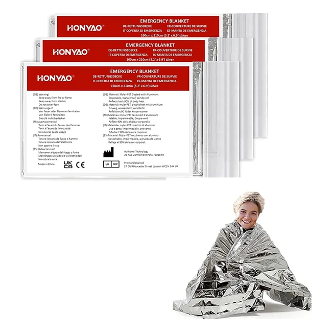 Couverture de survie Honyao 210x160cm - Thermique argent - Urgence randonnée