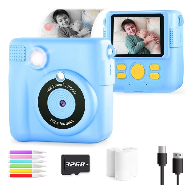 Kids Camera for Boys Girls - Instant Print Camera Toy - 1080p HD Kids Digital Camera - Birthday Gifts for 3-9 Year Old - 6 Colour Pens - 32GB SD Card